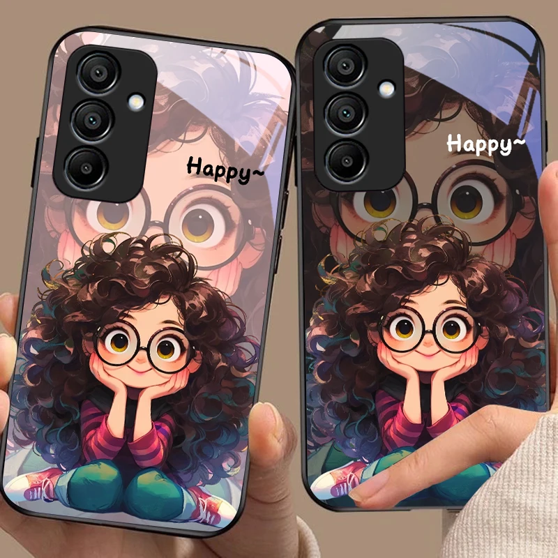 Curly haired girl For Samsung Galaxy A15 5G 54 4G 51 50 24 35 90 71 12 51 53 52S 80 22 34 Black tempered glass phone case