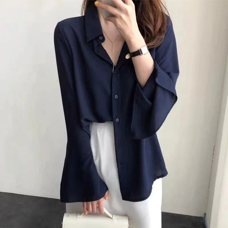 Women Flared Sleeves Chiffon Shirt Korean Fashion Casual Loose Long Sleeve Tops Y2K All Match Elegant Female Blouse New