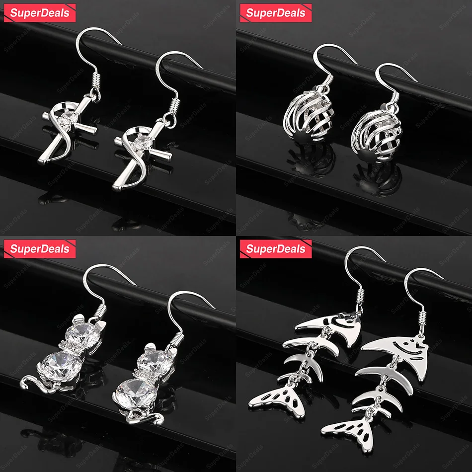 

SuperDeals 925 Sterling Silver Cross Lantern Cat Fishbone Drop Earrings Women Fashion Classic Zircon Jewelry Wedding Party Gift