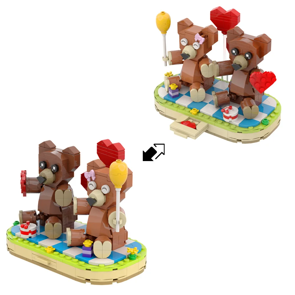 MOC Valentine's Day Couple Bears Building Blocks Model Faceless Dolls Creativity Commemorative Bricks Confession for Girl Gift