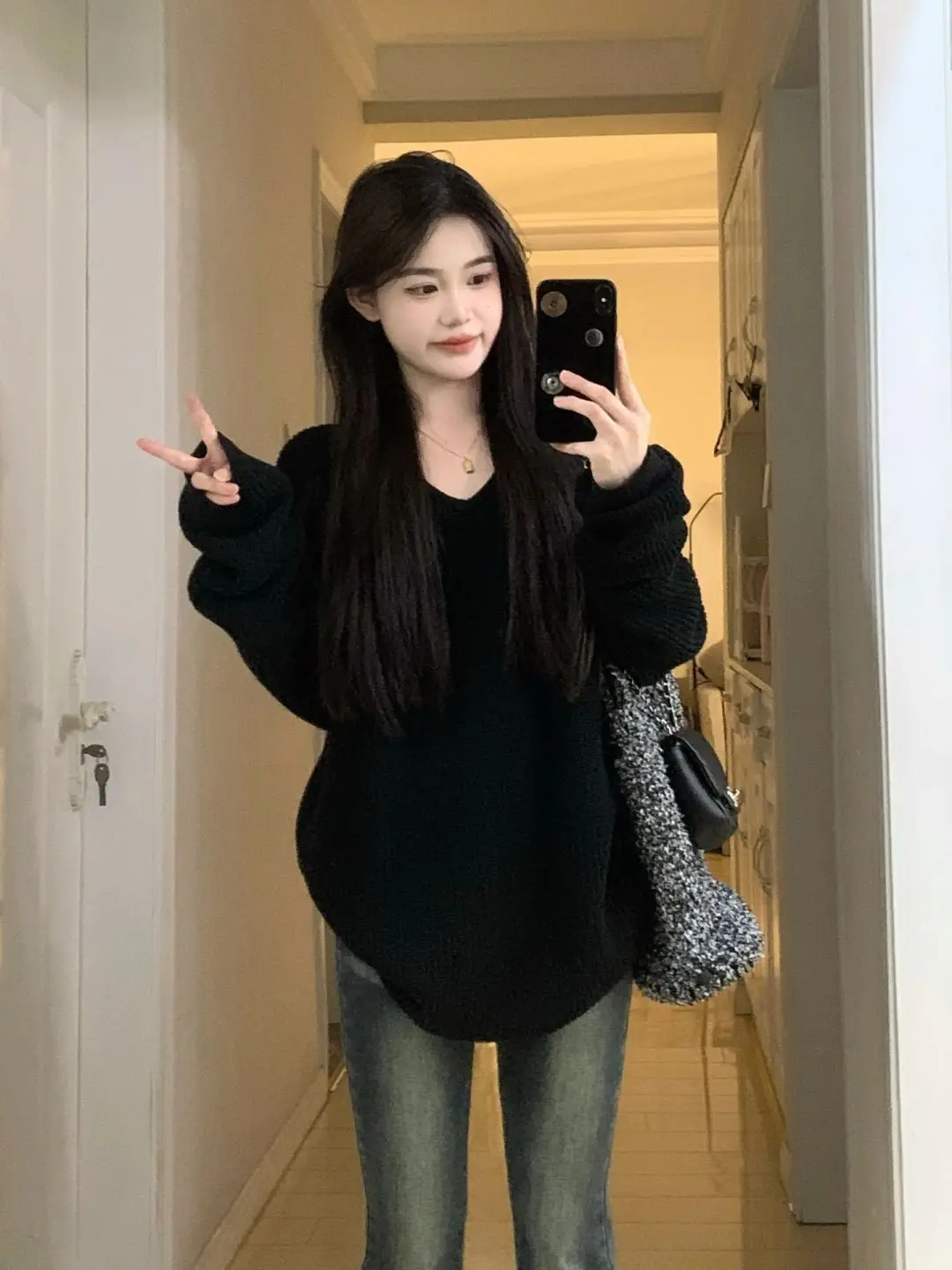 

Unique Black V-neck Knitted Sweater Women's Fashion Spring Autumn Winter Straight Cut Long Sleeve Warm Thermal Korean Style
