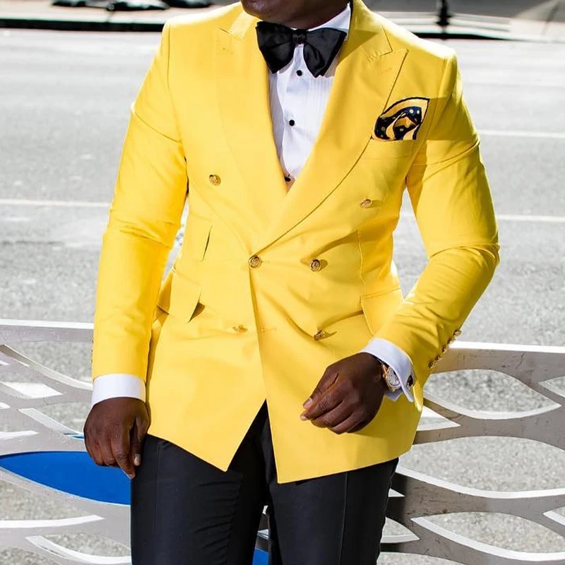 Yellow Double Breasted Men Suits for African 2 piece Slim fit Prom Wedding Tuxedo Groomsmen Set Blazer with Black Pants Fashion