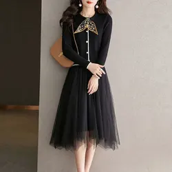 Commute Knitted Spliced Gauze Dresses Autumn Winter Round Neck Female Clothing Bow Fake Two Pieces Fashion Irregular Midi Dress