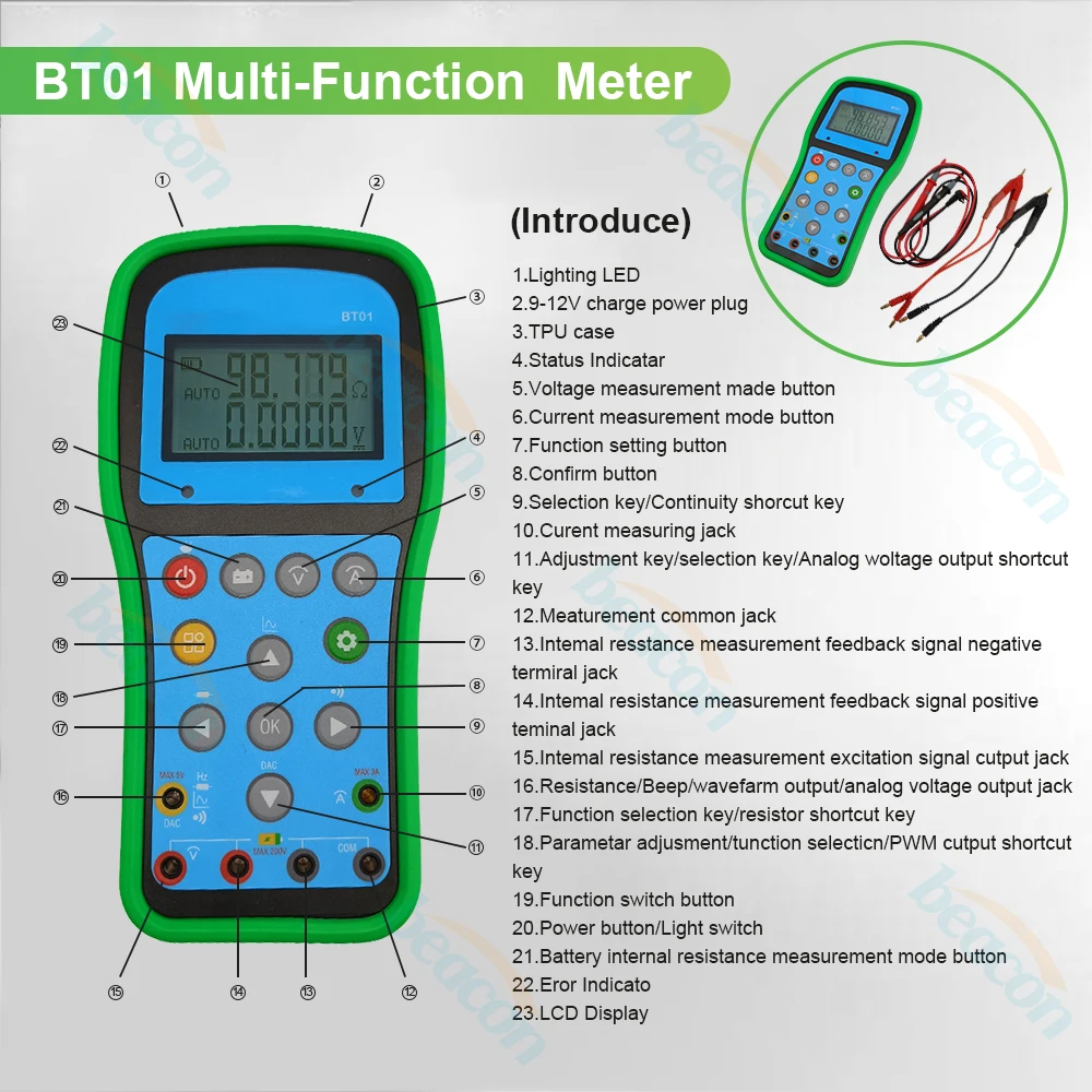 

BEACON Новый 3 в 1 WH-BT01 Высокоточный прибор для измерения внутреннего сопротивления батареи Цифровой мультиметр Генератор сигналов