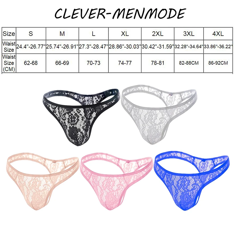 Men\'s Sexy Lace Thong See Through Exotic Lingerie Breathable Sissy Crossdress T Back Panties Floral Mesh Underwear Hombre Bikini