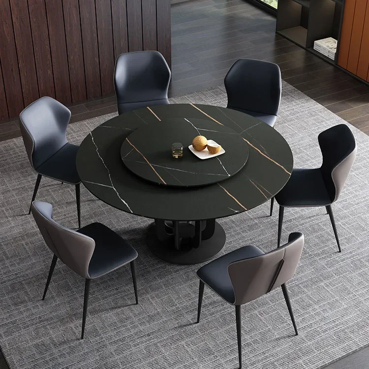 modern round dining table set 6 8 seater carbon steel stone top dining room restaurant 4 chairs kitchen furniture with Turntable