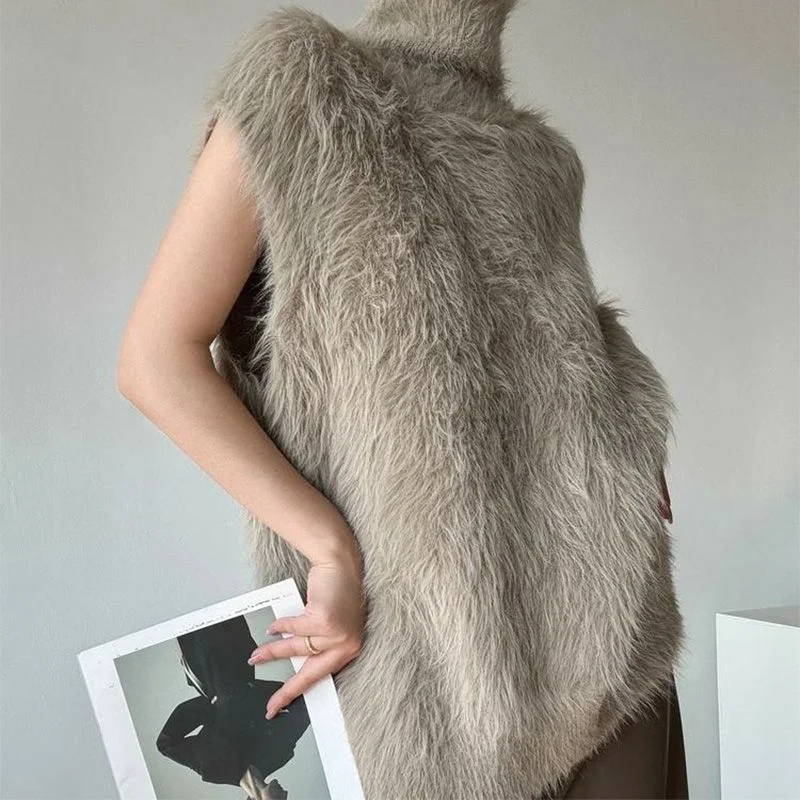 하이넥 니트 인조 밍크 퍼 스웨터 여성 가을 겨울 루즈핏 레이지 스타일 베스트 패셔너블 민소매 다용도 탑 트렌디