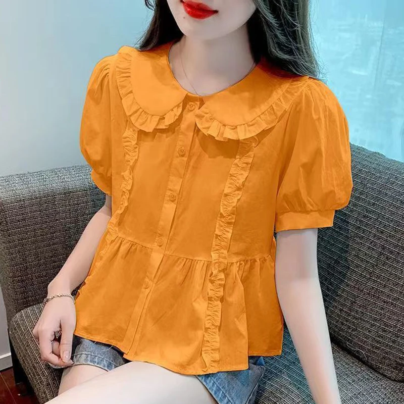 

Sweet Peter Pan Collar Spliced Folds Ruffles Shirt Female Clothing 2025 Summer New Casual Tops Puff Sleeve Office Lady Blouse