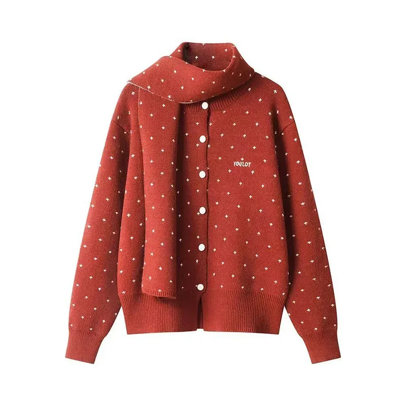 

Ladies New Soft Waxy Polka-Dot Knit Cardigan Women Spring And Autumn With Scarf Temperament Soft Comfortable Sweater Coat