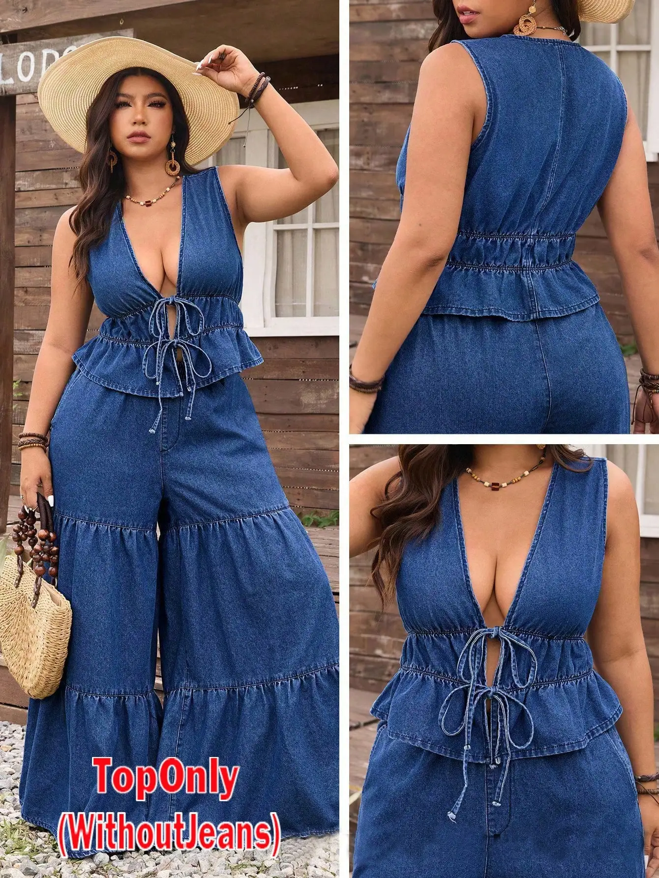 

Джинсовый топ больших размеров с V-образным вырезом, оборками и завязками на талии, безрукавка в пляжном стиле