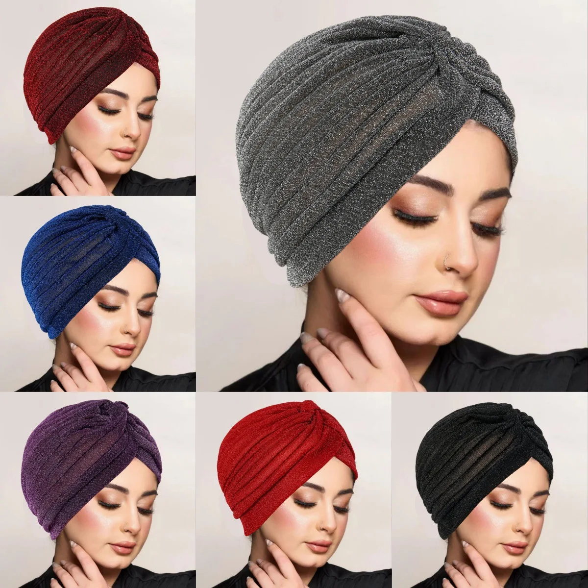 Women Glitter Turban Hat Pleated Stretchy Headwrap Muslim Hijab Cap Soft Fashion Headwear For Hair Loss Chemo
