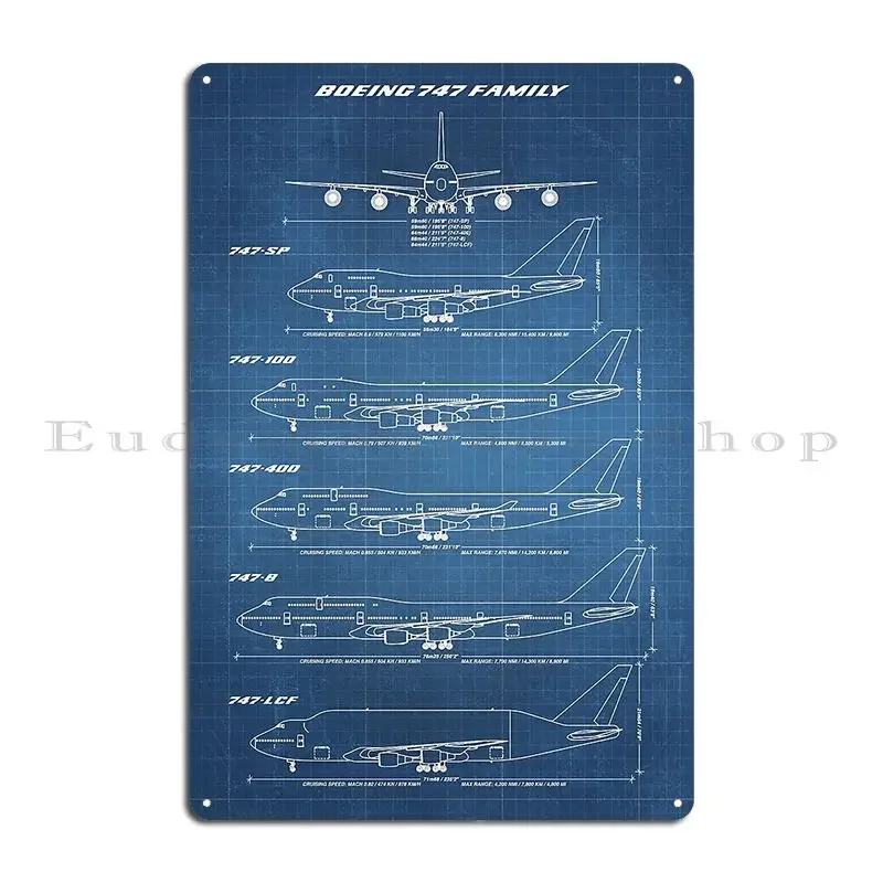 Boeing 747 Family Blueprint Light Blue Metal Sign Wall Mural Club Cinema Home Customized Tin Sign Poster