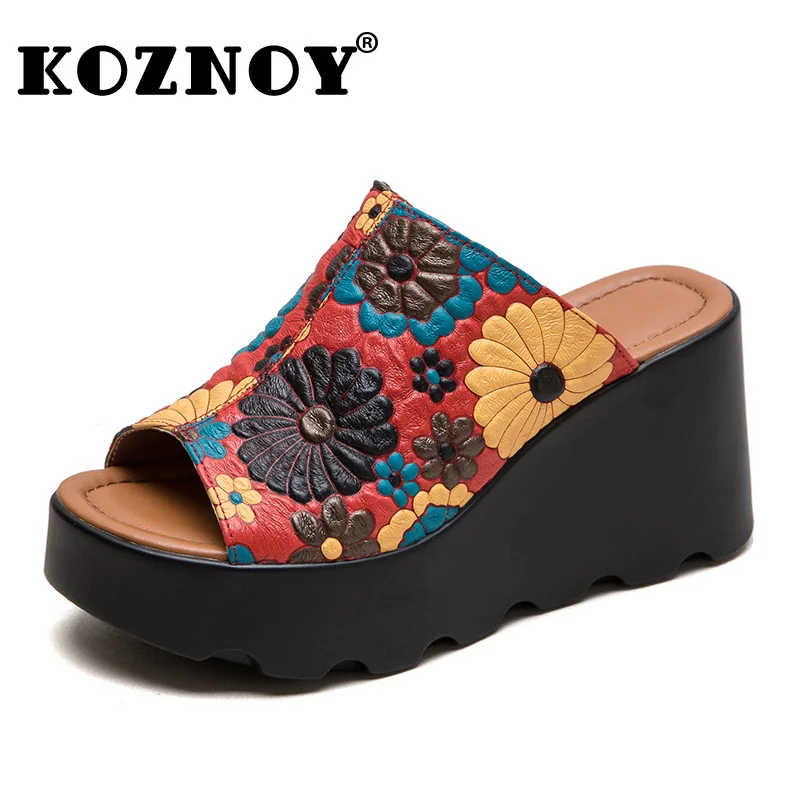 

Koznoy 8cm Women Peep Toe Print Genuine Leather Platform Wedge Slippers Summer High Heels Mary Jane Sandals ROME Moccasins Shoes