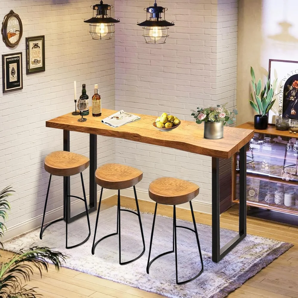 

Bar Table Solid Wood Narrow Counter Height Table, Rectangular High Top Tables, Minimalist Design Pub Tables with Sturdy Metal