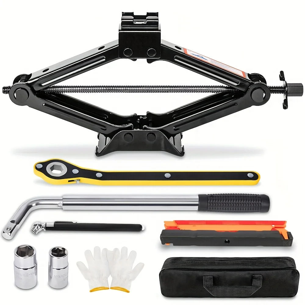 Car Jack 2 Ton (4409 Lbs) Tire Changing Kit with Lug Wrench - Emergency Kit for Car, SUV, MPV (Including Safety Triangles)
