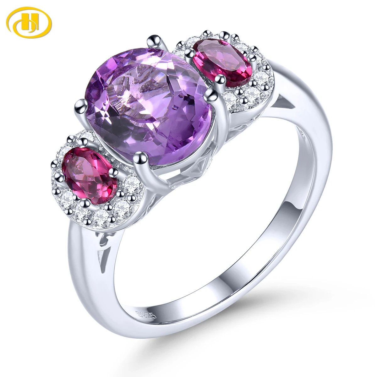 

Natural Amethyst Rhodolite Garnet Sterling Silver Rings 3.2 Carats Multicolor Gemstones Romantic Elegant Style Women Anniversary