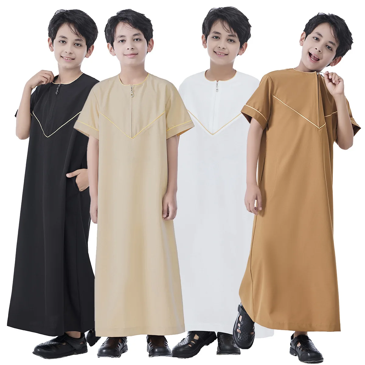 Boys Jubba Thobe Muslim Abayas Middle East Arabic Kaftan Short Sleeve Robe Dubai Islamic Clothing Ramadan Long Dress Dishdasha