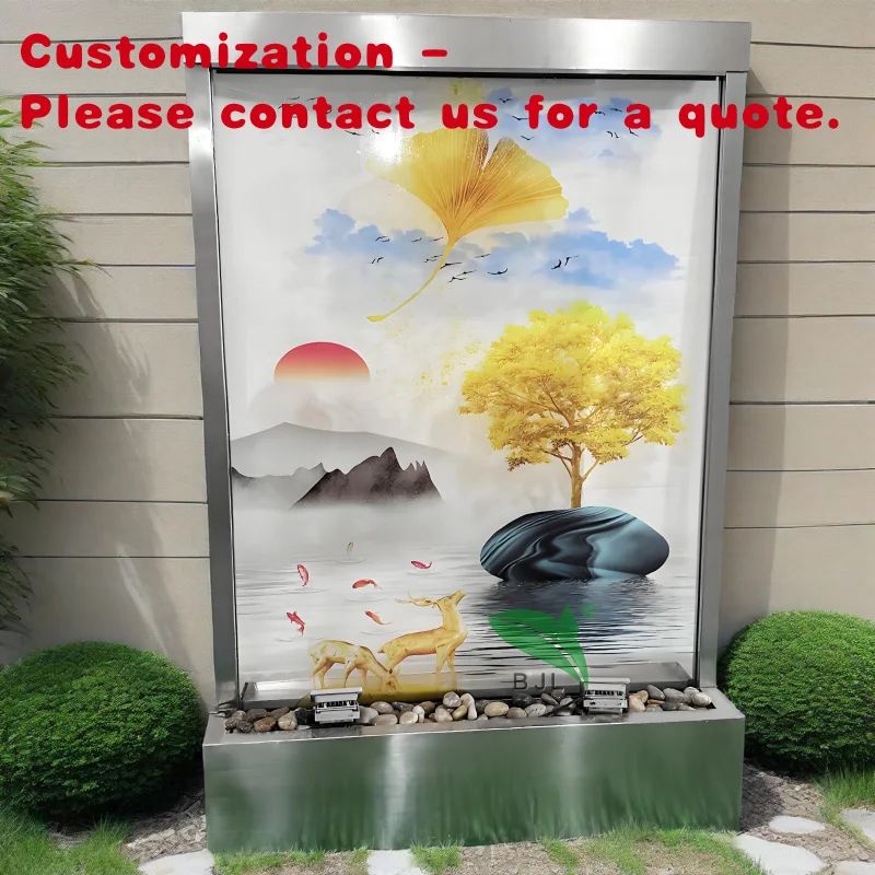 

custom.Indoor or Outdoor Home Decoration Glass Waterfall Wall Feature Landscape Pattern Room Divider with Stainless Steel