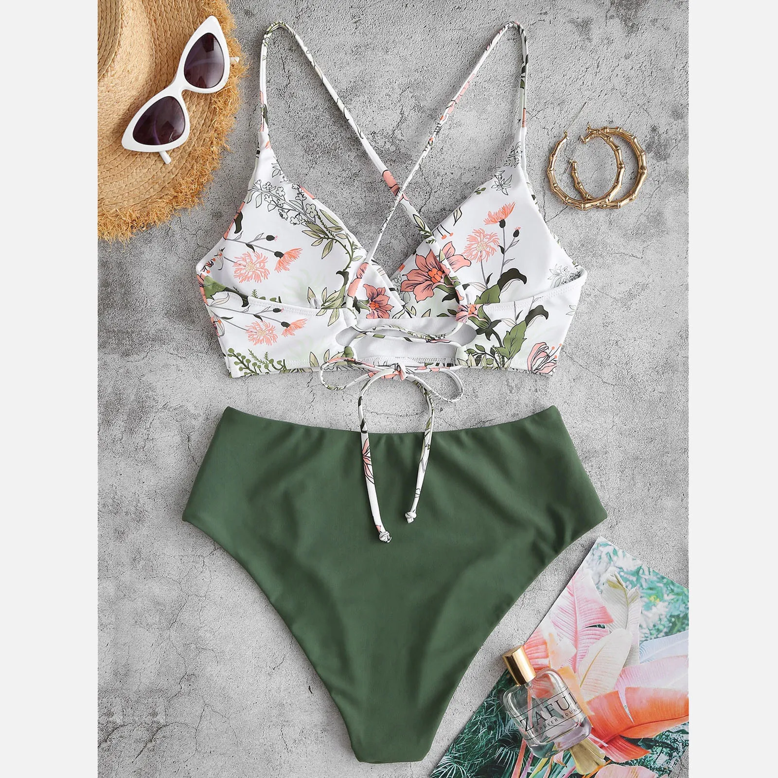 купальник женский Boho Leaf Flower Print Bikini Set Women Summer Sexy Cross Backless Bandaeg Swimwear Hawaii High Waist Swimsuit