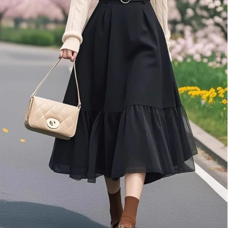 Immagine 3: Gonne longuette patchwork di pizzo di nuova moda primavera autunno da donna 2025 Lady Graceful Solid Vintage Gonna al ginocchio Abbigliamento alla moda