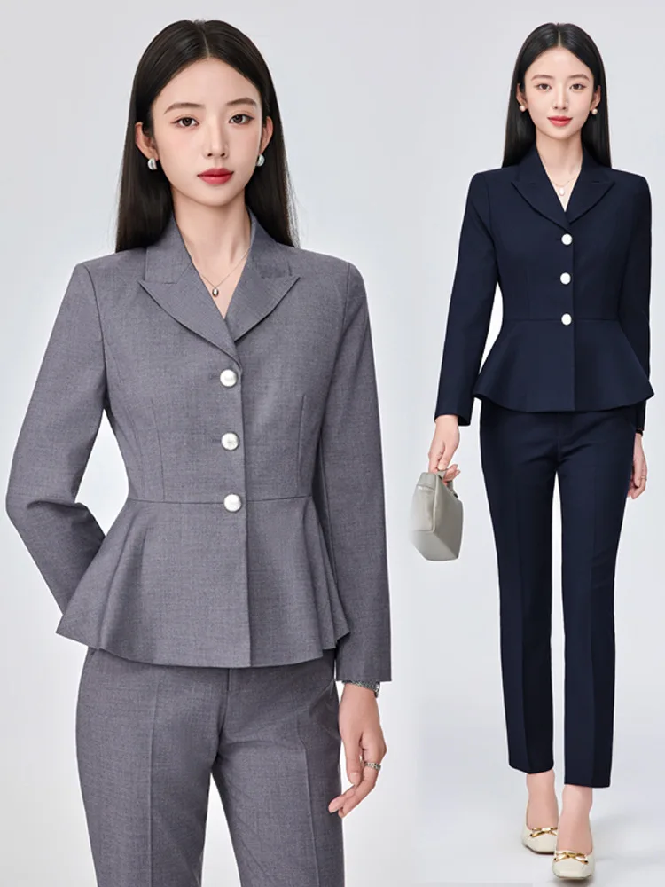 

Серый женский костюм 2025: Новинка Весна-Осень, Элегантная деловая форма для ресепшн, Профессиональная рабочая одежда для продавцов ювелирных магазинов