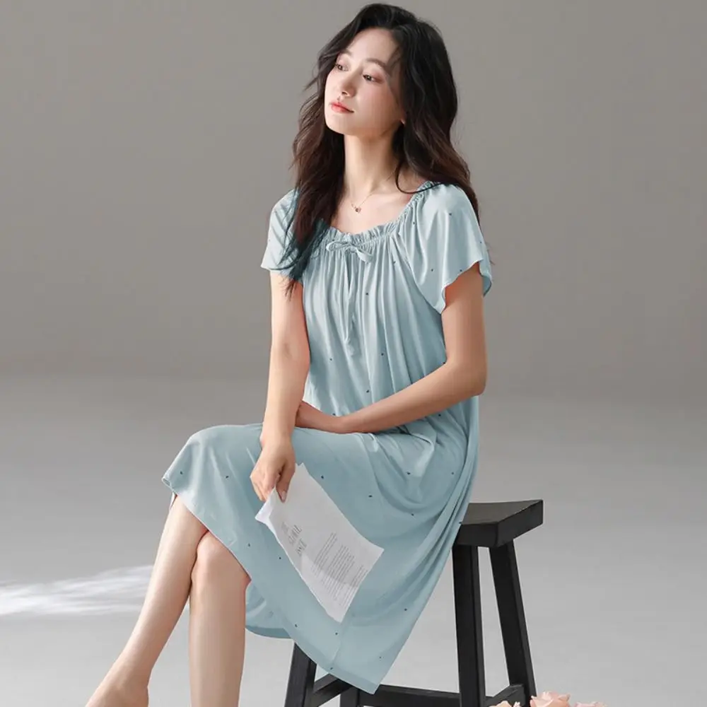 

Sweet Modal Women's Pajama Dress Loose Home Wear Dot Ruffle Nightdress Short Sleeve Sleepwear Lace Up Nightgown Girls