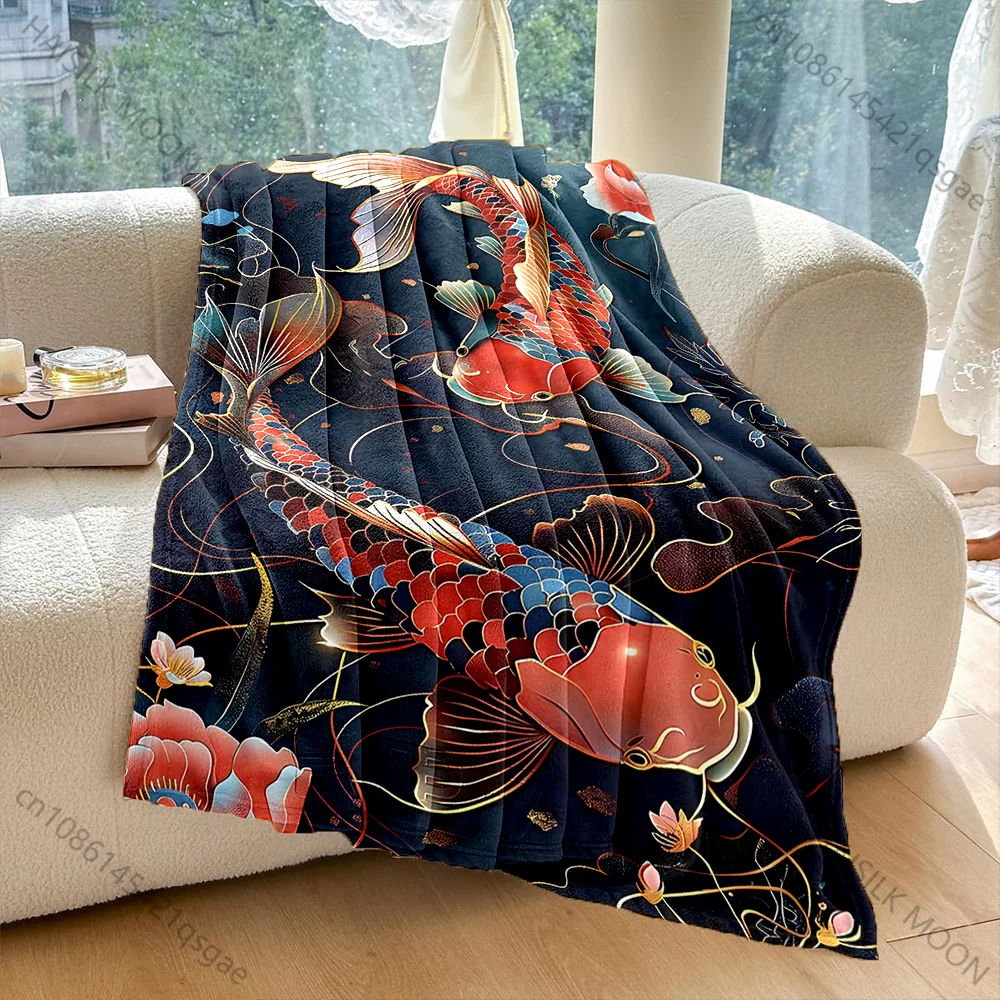 Twin koi swimming floral motifs golden lines Print Blanket Warm Soft Fluffy Kids Adult Sofa Bed Throw Outdoor Travel Camping RV