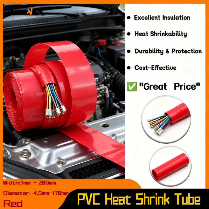 

PVC Heat Shrink Tubing 7mm-280mm Wide Red Battery Wrap for 18650 Packs 1-20M Insulated Sheath Film for Secure Protective Cover