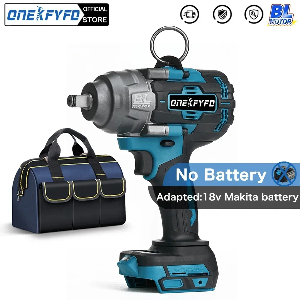 

ONEKFYFD 1000N.M High Torque Brushless Electric Impact Wrench Rechargeable 1/2" Power Tools with Bag for Makita 18V Battery