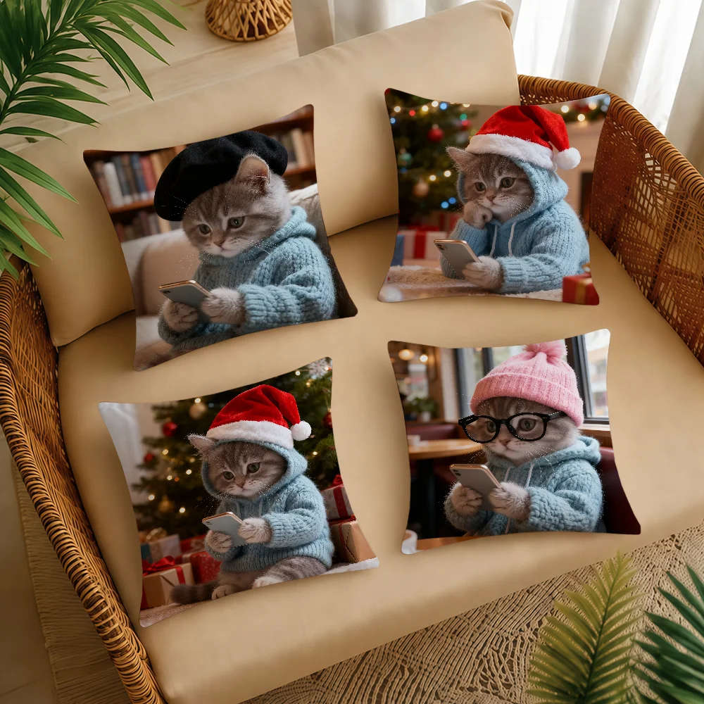 Cute Kitten Cat Look Phone Cushion Cover Square Decorative Throw Pillow Case Sofa Bed Living Room Anniversary Gifts