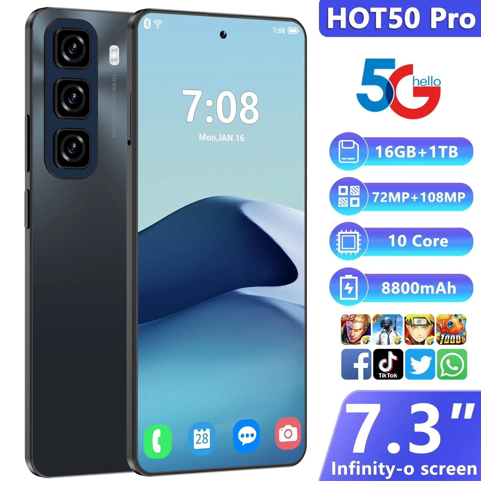 Hot New Global Version Hot 50 Pro Android Smartphone 7.3 Inch Full Screen 5G 8800mAh 108MP Camera Dual SIM Unlock Phone Original