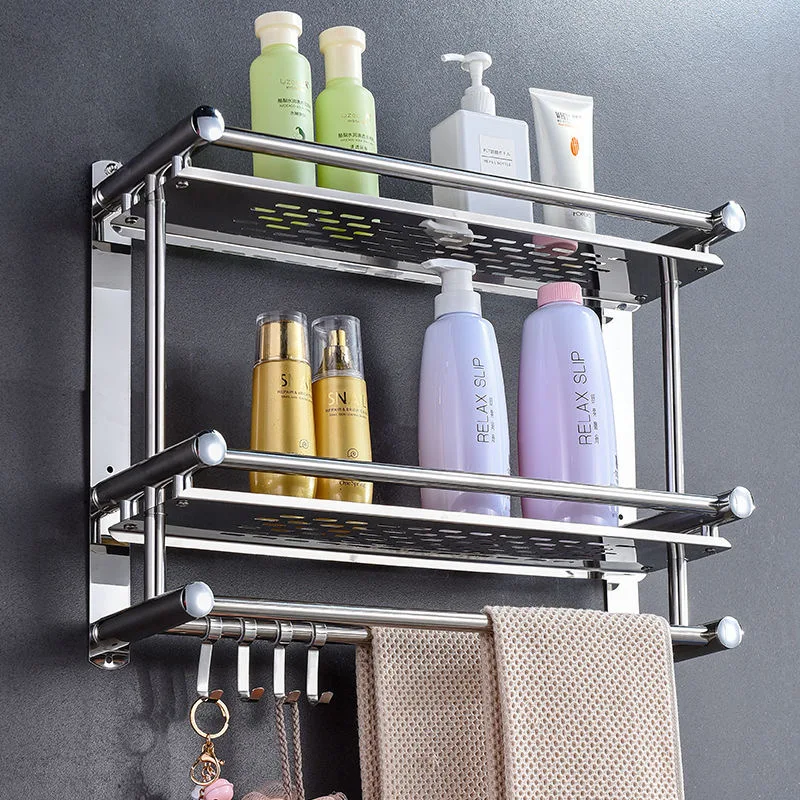 Towel Shelf Punch-free Folding Towel Rack Movable Bath Stainless Steel Polished Bathroom Storage Organizer Shampoo Holder Basket