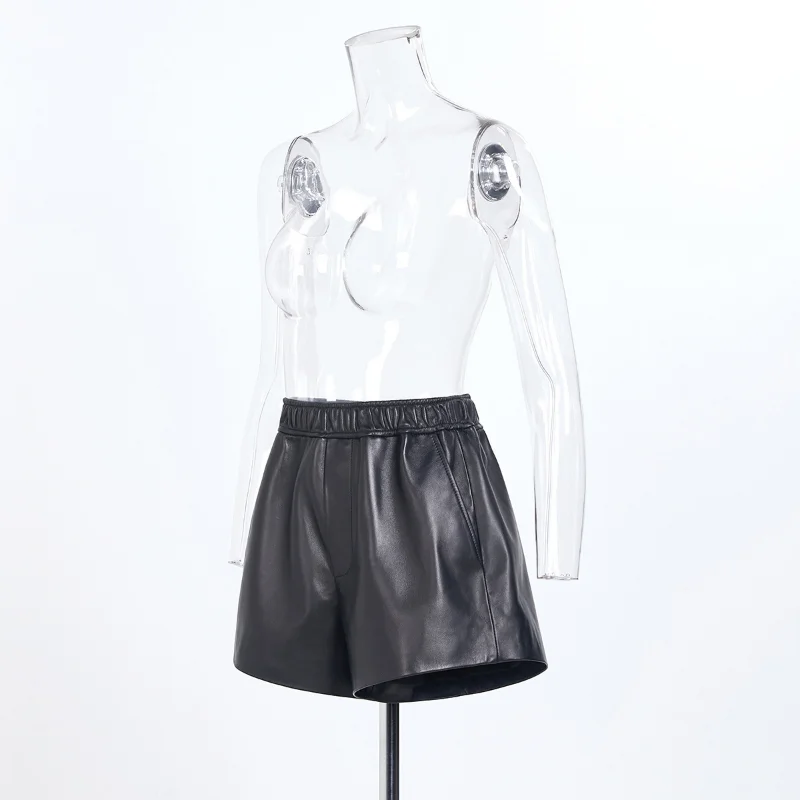 Sheepskin Leather Pants Women High-waist Wide-leg Pants Versatile Mid-waist Shorts