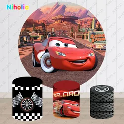 Disney Cars Lightning McQueen Circle Photography Background For Racing Car Boy's Birthday Round Backdrop Elastic Cylinder Cover