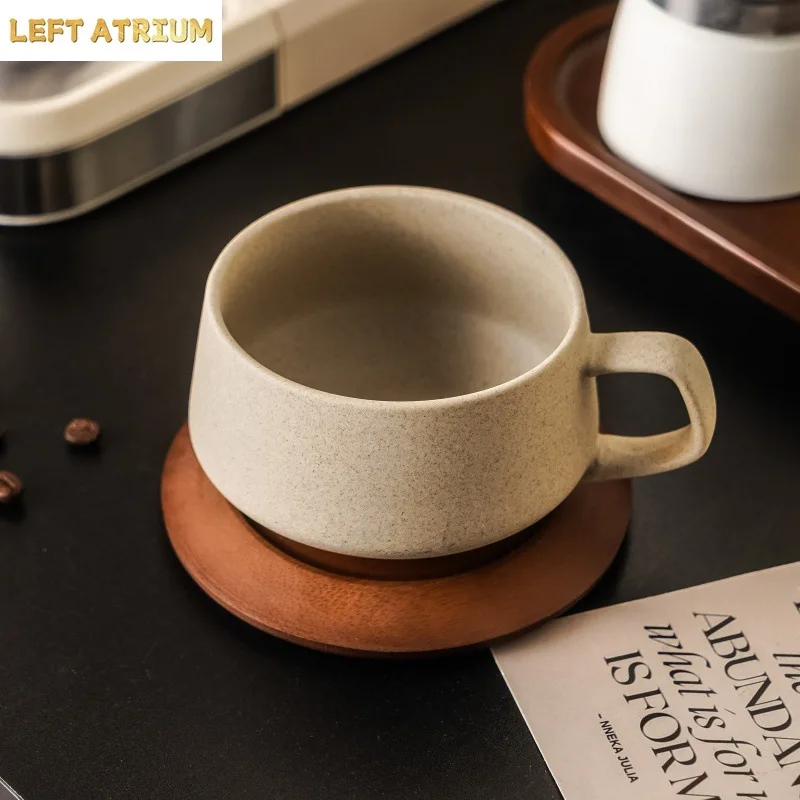 Coarse Pottery Ceramic Coffee Cup with Wooden Saucer 240ml Afternoon Tea Dessert Cup Art Breakfast Dessert Milk Cup Couple's Mug