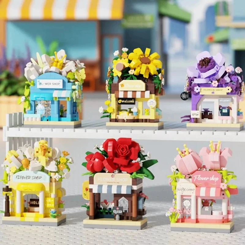 جديد DIY بيع سيارة الغذاء شاحنة الفاكهة الآيس كريم مخزن زهرة عرض الشارع اللبنات عدة الفتيات الطوب نموذج الاطفال لعبة الأطفال