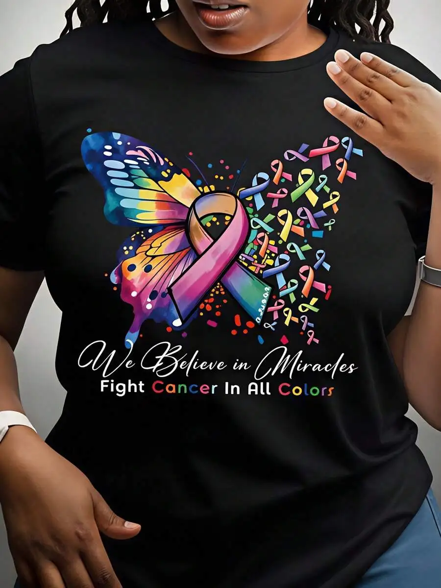Women's Crew Neck Short Sleeve Pure Cotton Graphic T-Shirt, Cancer Awareness Butterfly Ribbon Inspirational Quote Print, Casual Tee For Everyday Wear