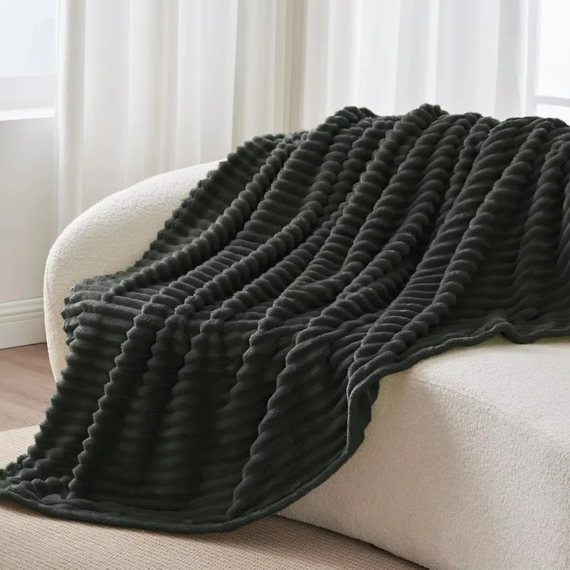 Fleece Throw Blanket for Couch Soft Warm Fluffy Charcoal Grey Blanket Decorative and Giftable Striped Blankets for Women Men