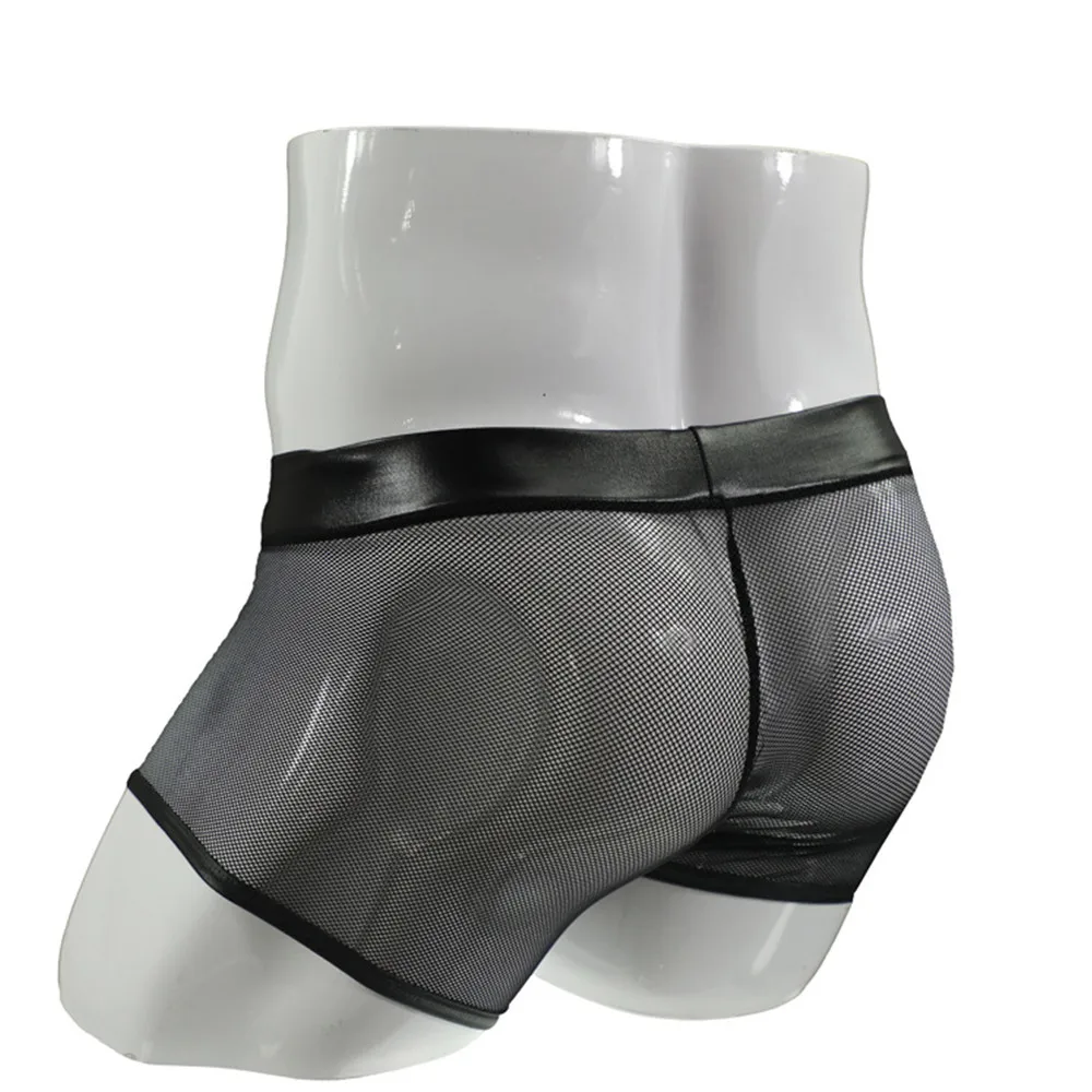 Bóxer Sexy de piel sintética para hombre, ropa interior transpirable de malla negra, calzoncillos eróticos de tiro bajo para club nocturno