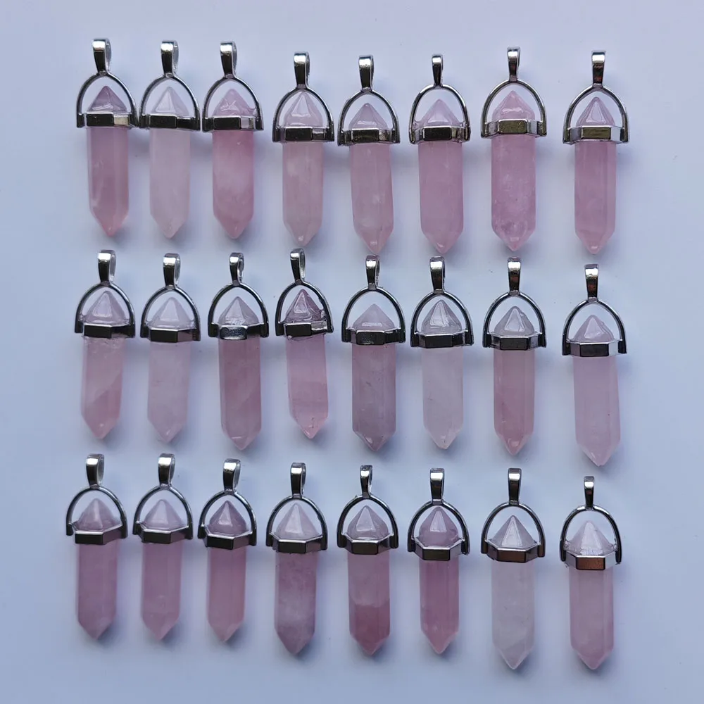 Gute Qualität Rosenquarz Naturstein rosa Säule Kristall Heil anhänger DIY Schmuck machen 24 teile/los Großhandel versand kostenfrei