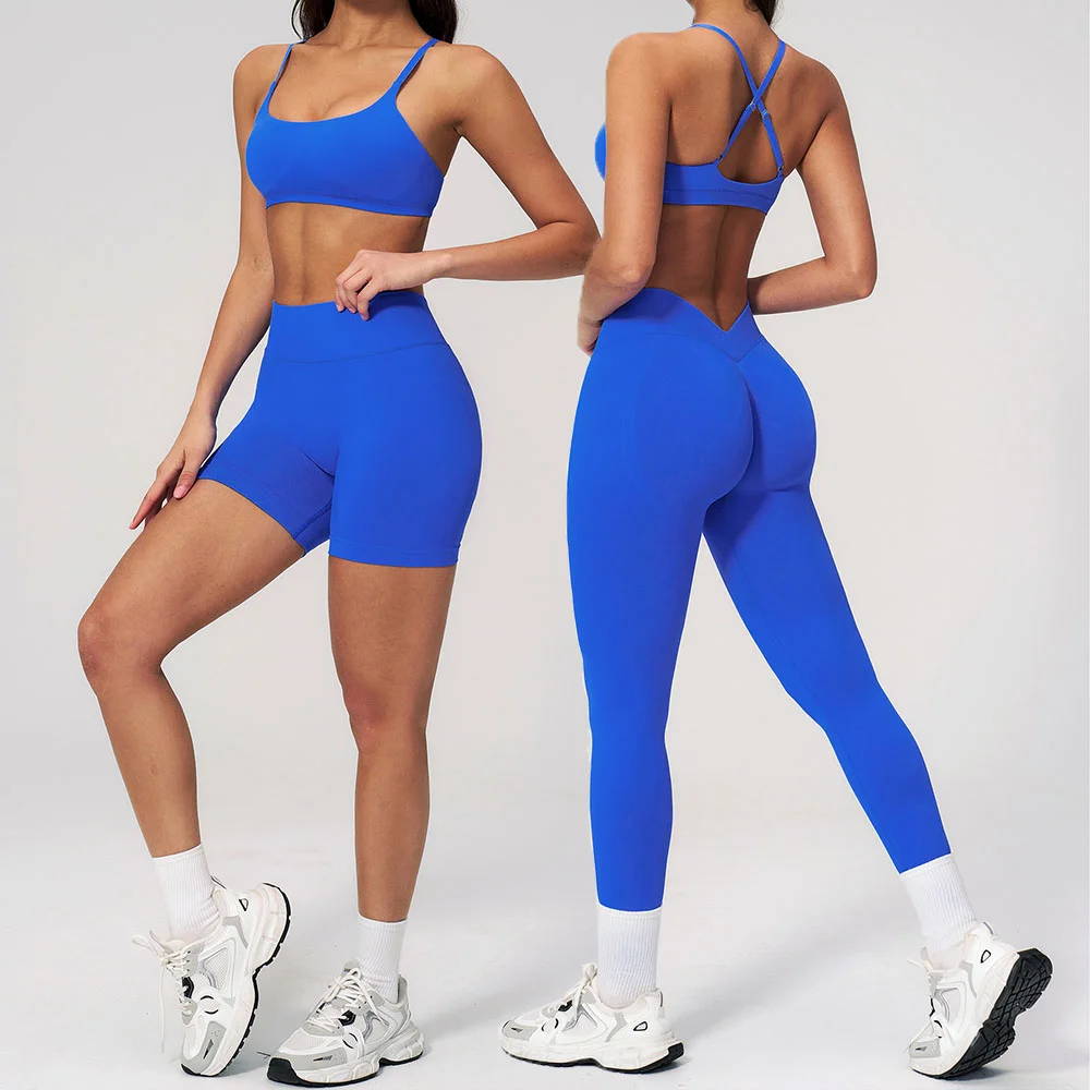 

Summer Women's Seamless Outfits 2PCS Yoga Set Workout Clothes Gym Cross Strap Top High Waist Legging Shockproof Fitness Bra Set