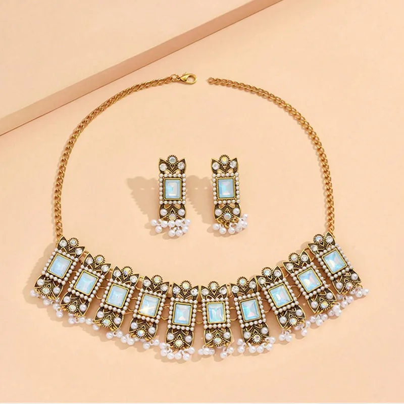 Kymyad Ethnic Geometric Glasses Beads Chunky Necklace Earrings For Women Vintage Simulated Pearl Beads Decoration Jewelry Sets