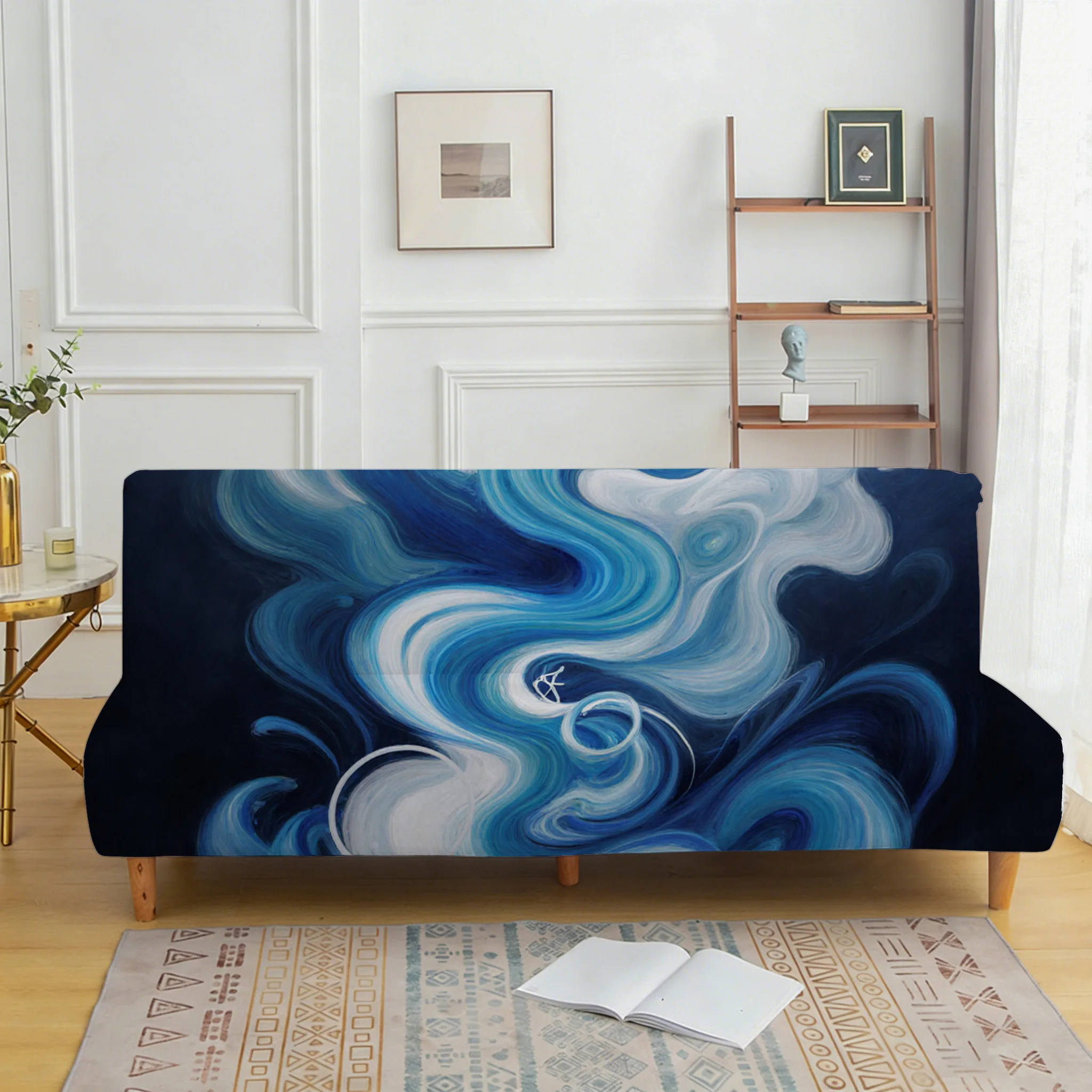 Ethereal Blues Fluid Elastic Sofa Bed Cover, Living Room Sofa Bed Cover, Dustproof Machine Washable Sofa Bed Cover