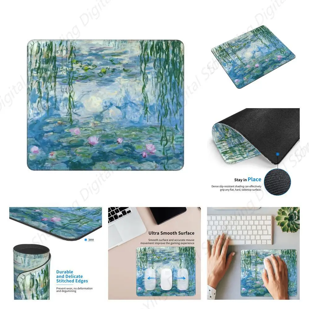 Fun Monet bantalan Mouse Anti selip, bantalan Mouse persegi Motif Lily air, cocok untuk hadiah permainan rumah kantor 8.6X7 inci