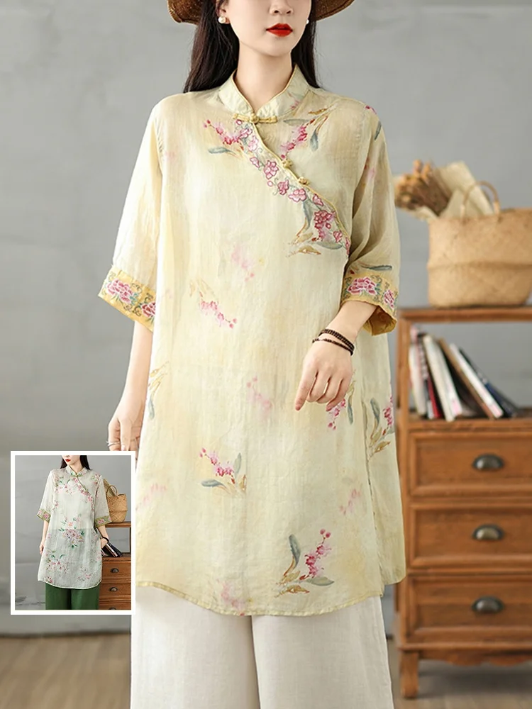 

Ele Ethnic Embroidered Print Oversized irt Thin Material f Sve Stand Collar Long T Top for plus Size Women