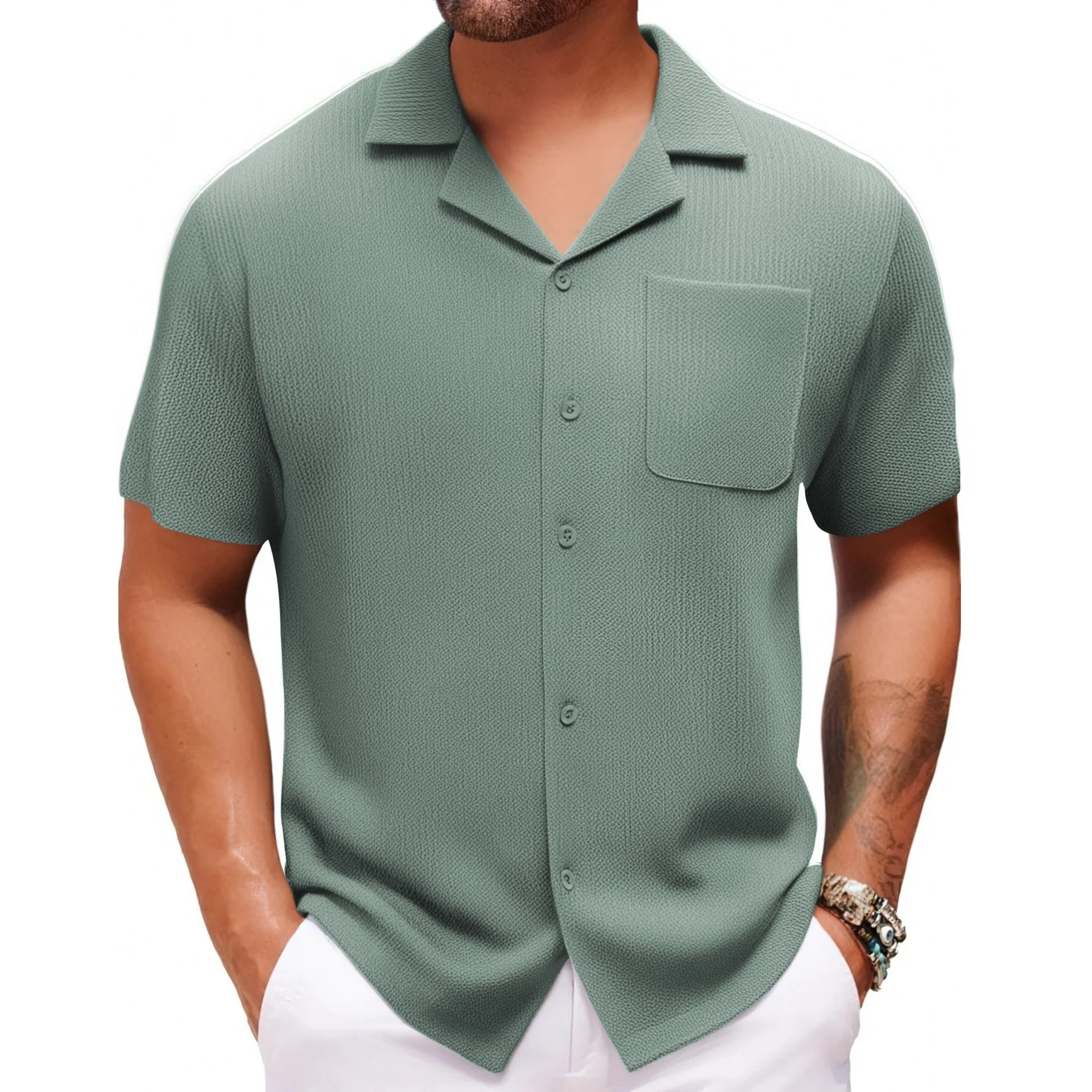 Men Summer New Cuban Collar Short Sleeve Shirt Vacation Solid Color Shirts for Men