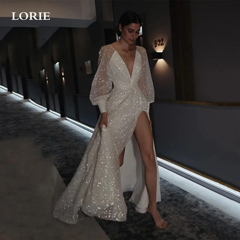 

LORIE Sexy V Neck Wedding Dresses vestidos de novia Puff Long Sleeve Shiny Glitter Bride Dress Sweetheart Neck Wedding Gowns