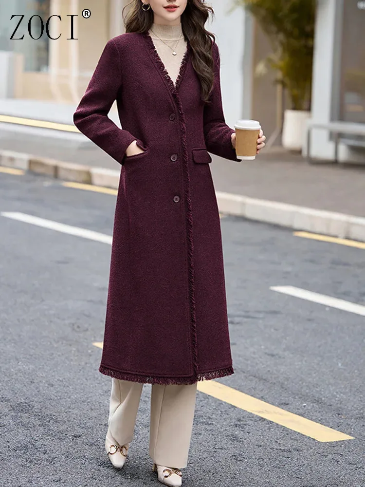 

ZOCI ангорские красные женские шерстяные пальто грубые женские шерстяные пальто с кромкой повседневные свободные длинные куртки 2024, новинка зимы 25Z1751