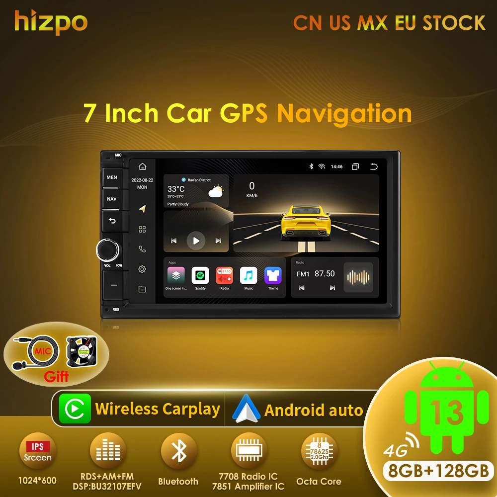 Hizpo-Autoradio universel pour Nissan, Toyota, Volkswagen, Autoradio, Bluetooth, FM, CarPlay, Android 13, 2Din, 7 pouces, 8G, 128G