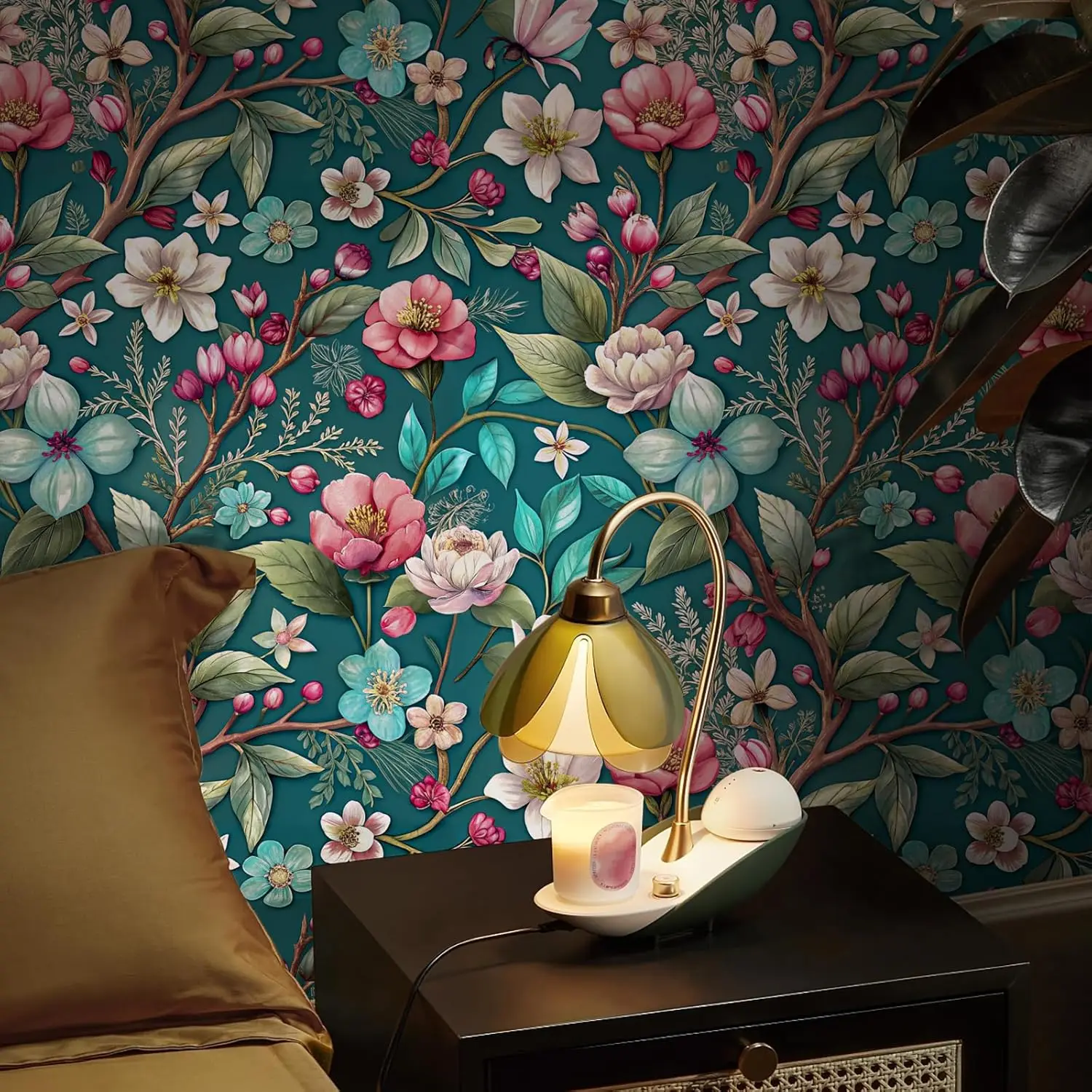 Floral Peel and Stick Wallpaper Green Flower Textured Contact Paper Modern Removable Vinyl Self Adhesive Wallpaper for Bedroom